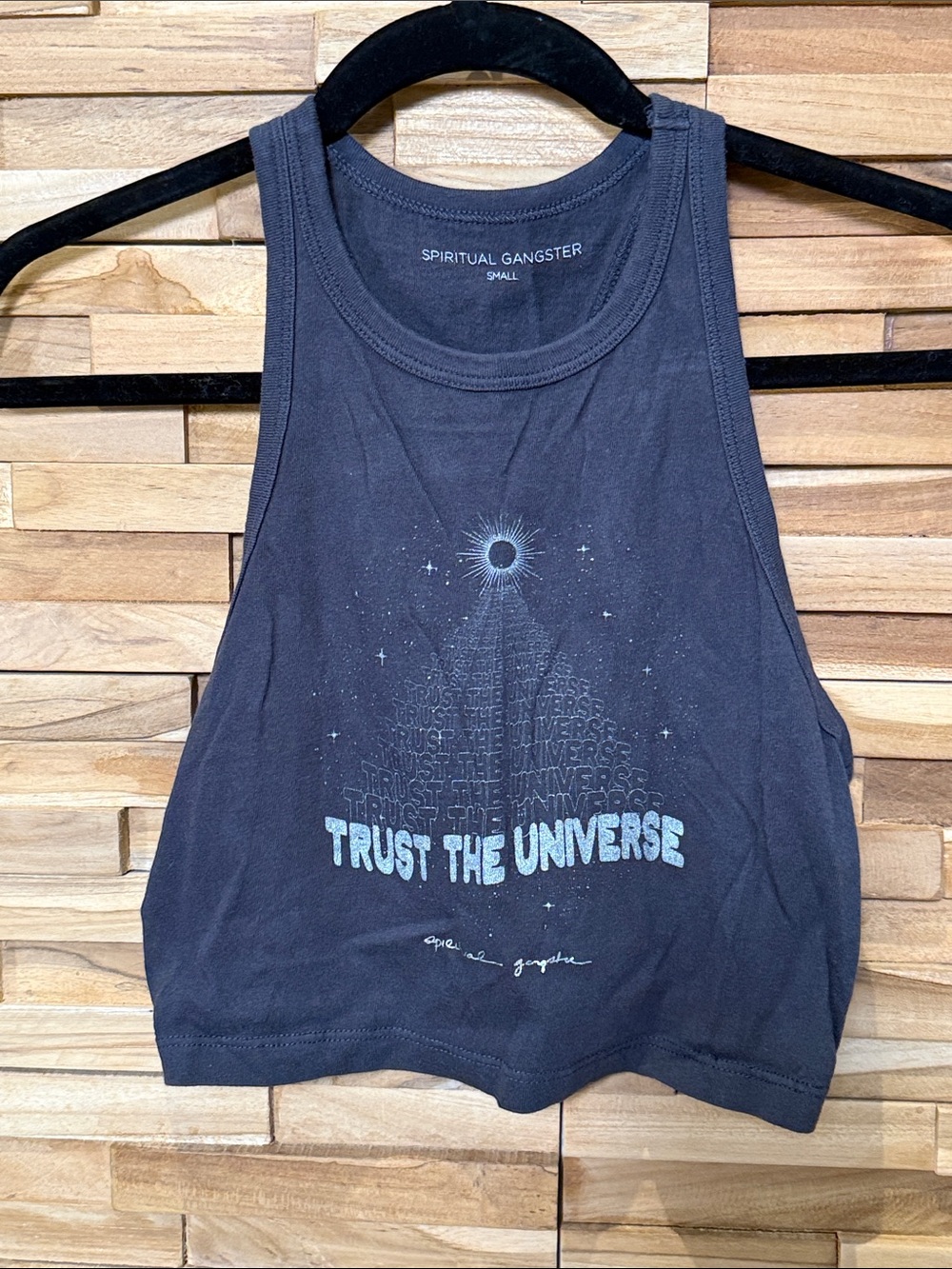 Spiritual Gangster Black Crop Tank with 'Trust The Universe' Graphic